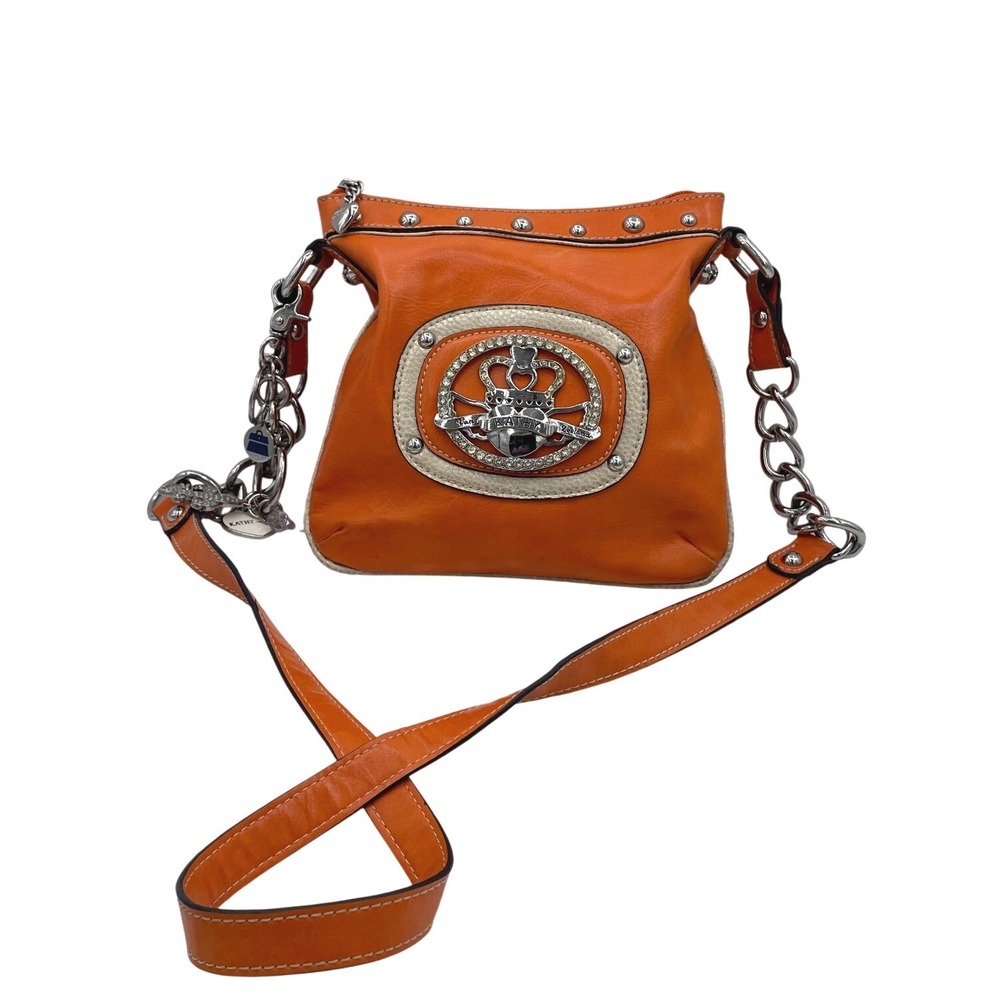 Kathy Van Zeeland Orange Rhinestone Crown Heart Crossbody Bag Y2K Silver Chain